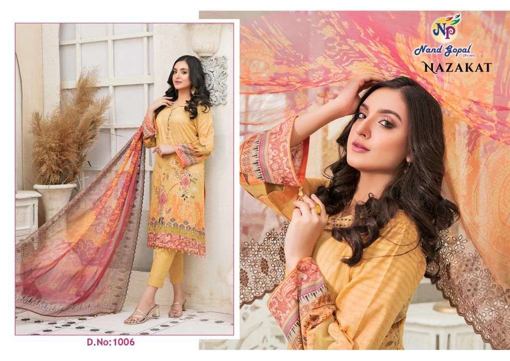 NAZAKAT BY NAND GOPAL PRINTS 1001 TO 1010 SERIES BEAUTIFUL SUITS COLORFUL STYLISH FANCY CASUAL WEAR & ETHNIC WEAR HEAVY COTTON PRINT DRESSES AT WHOLESALE PRICE