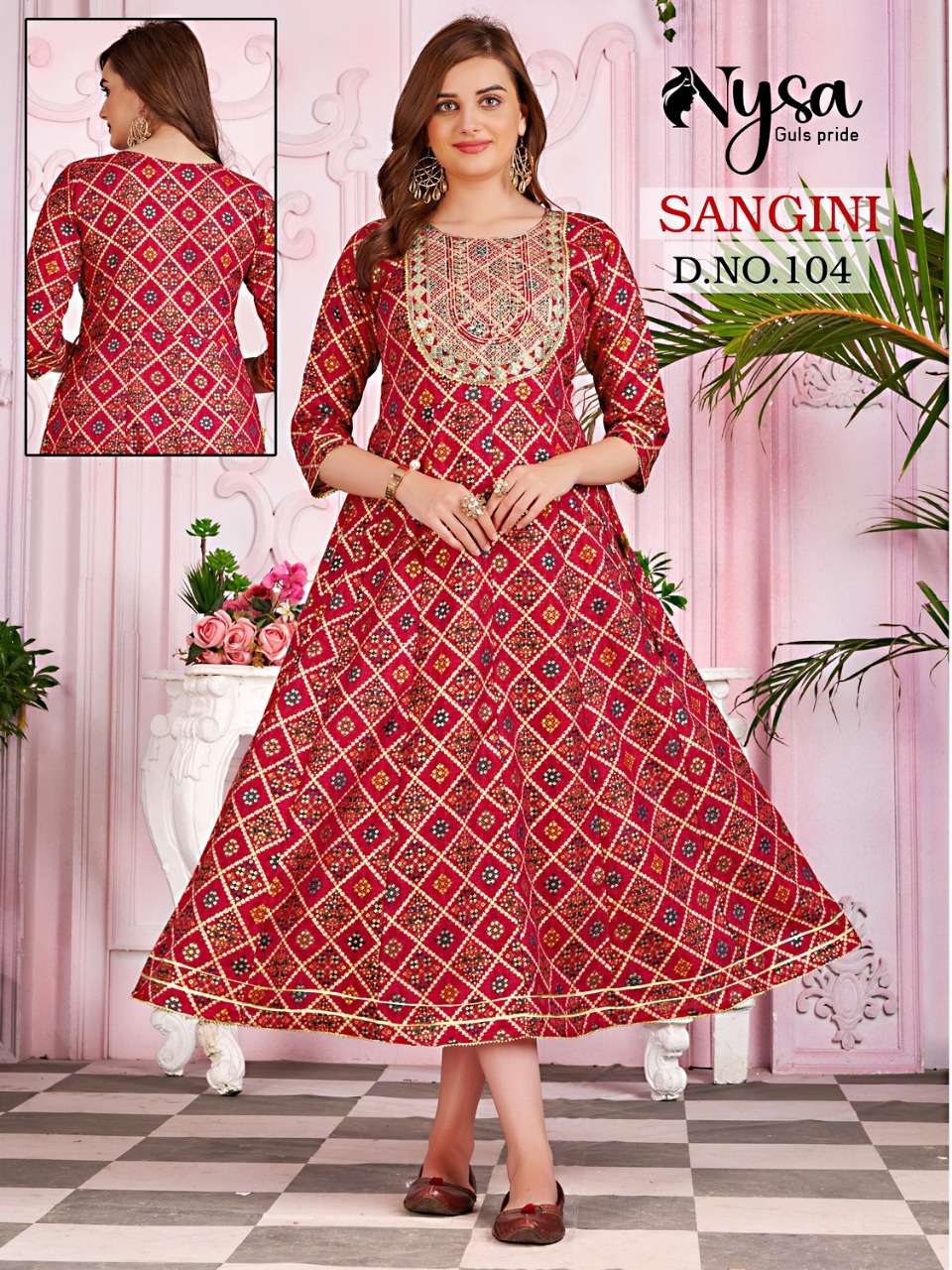 SANGINI BY NYSA 1001 TO 1004 SERIES BEAUTIFUL STYLISH FANCY COLORFUL CASUAL WEAR & ETHNIC WEAR BANDHEJ PRINT GOWNS WITH DUPATTA AT WHOLESALE PRICE