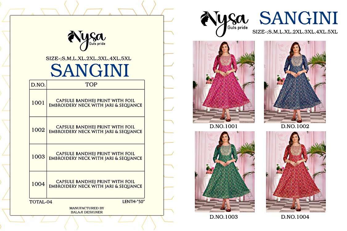 SANGINI BY NYSA 1001 TO 1004 SERIES BEAUTIFUL STYLISH FANCY COLORFUL CASUAL WEAR & ETHNIC WEAR BANDHEJ PRINT GOWNS WITH DUPATTA AT WHOLESALE PRICE
