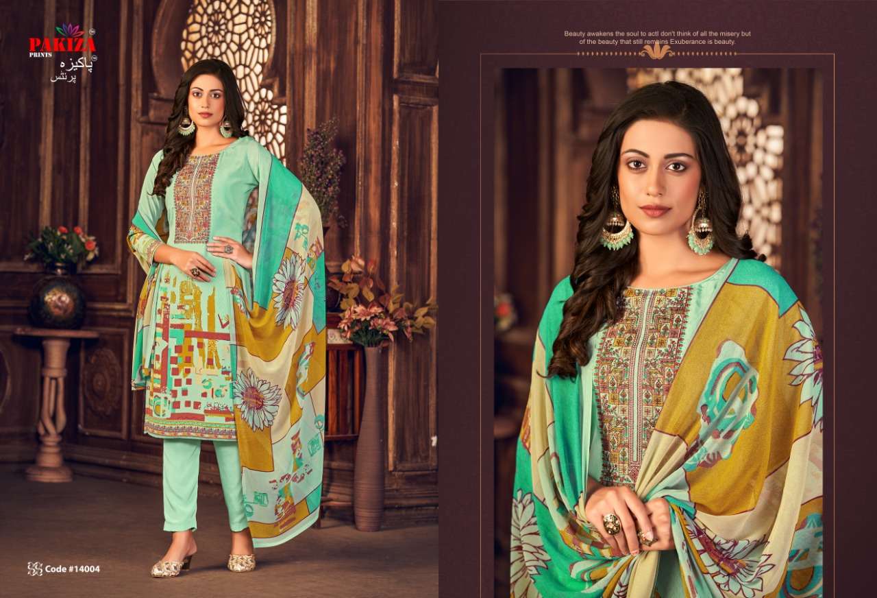 VOLUME VOL-14 BY PAKIZA PRINTS 14001 TO 14010 SERIES DESIGNER PAKISTANI SUITS BEAUTIFUL STYLISH FANCY COLORFUL PARTY WEAR & OCCASIONAL WEAR RAYON CREPE DRESSES AT WHOLESALE PRICE