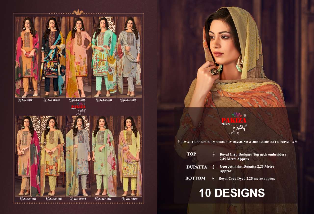 VOLUME VOL-14 BY PAKIZA PRINTS 14001 TO 14010 SERIES DESIGNER PAKISTANI SUITS BEAUTIFUL STYLISH FANCY COLORFUL PARTY WEAR & OCCASIONAL WEAR RAYON CREPE DRESSES AT WHOLESALE PRICE