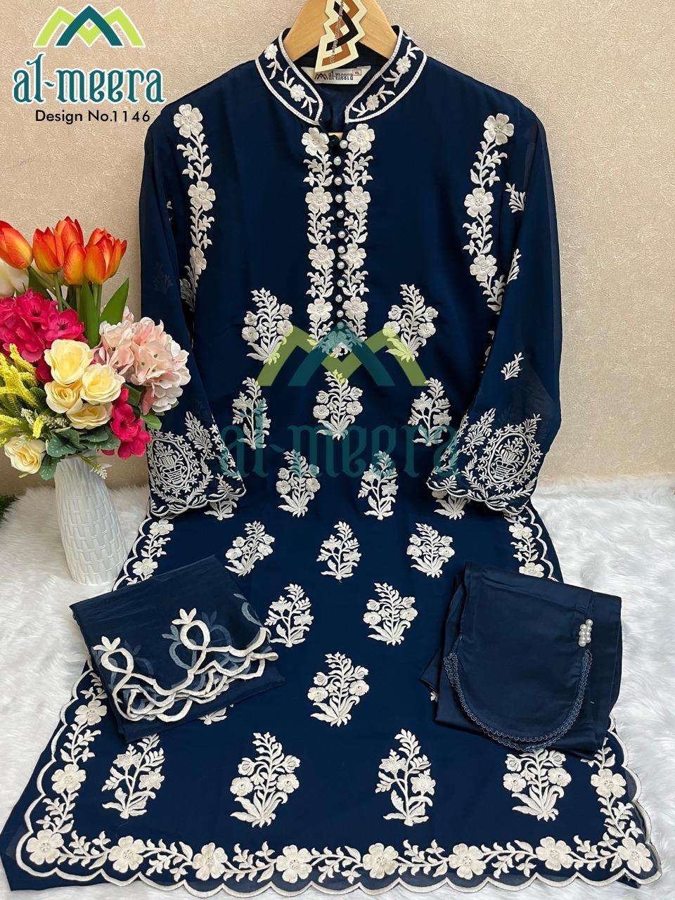 Al-Meera Hit Design 1146 Colours By Al-Meera 1146-A To 1146-C Series Beautiful Pakistani Suits Colorful Stylish Fancy Casual Wear & Ethnic Wear Faux Georgette Embroidered Dresses At Wholesale Price
