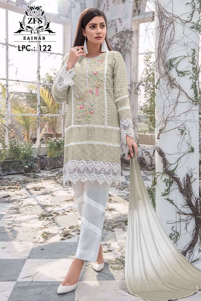 LPC-122 BY ZAINAB FASHION 122-A TO 122-C SERIES DESIGNER PAKISTANI SUITS BEAUTIFUL STYLISH FANCY COLORFUL PARTY WEAR & OCCASIONAL WEAR PURE GEORGETTE EMBROIDERED DRESSES AT WHOLESALE PRICE