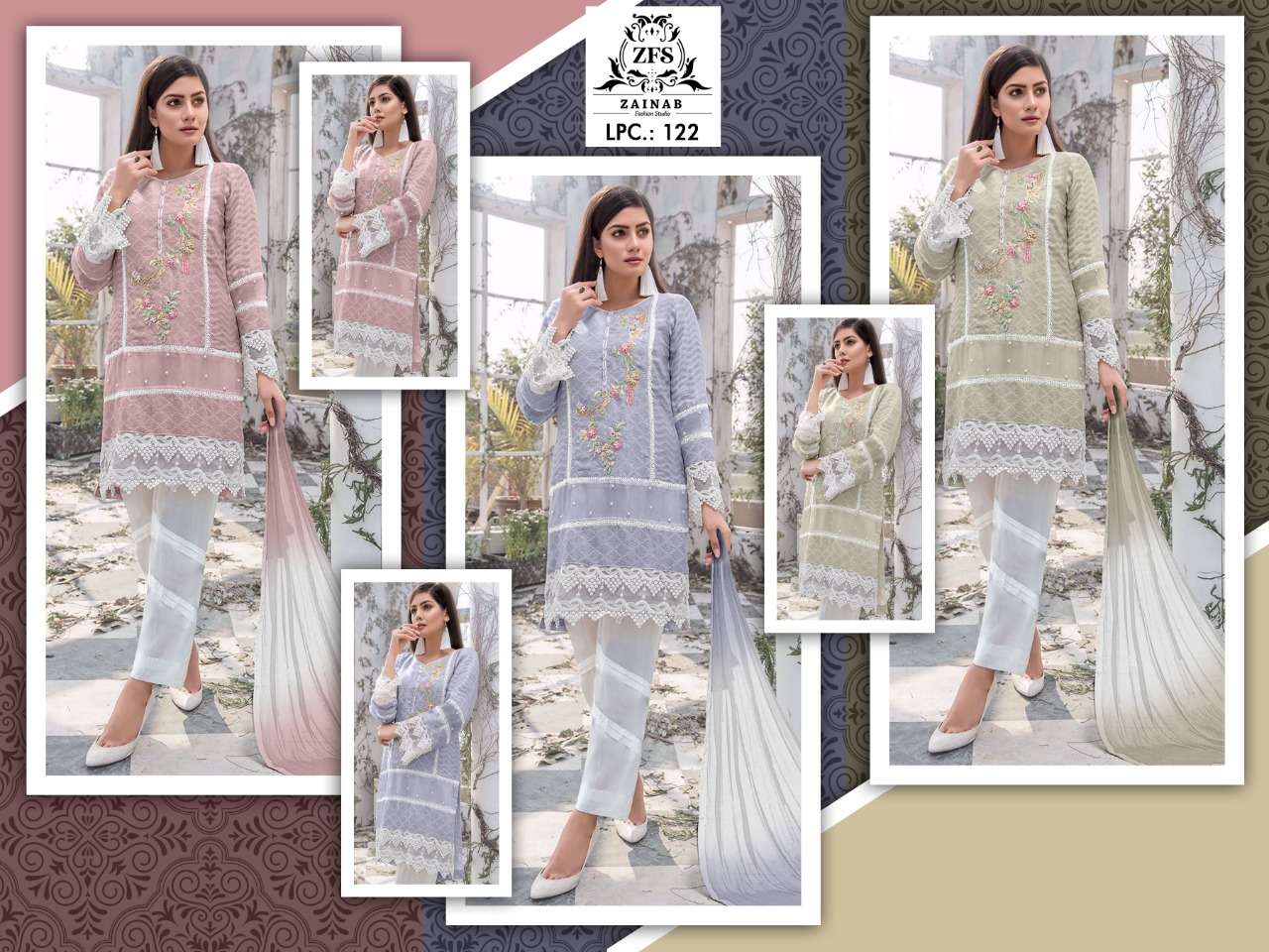 LPC-122 BY ZAINAB FASHION 122-A TO 122-C SERIES DESIGNER PAKISTANI SUITS BEAUTIFUL STYLISH FANCY COLORFUL PARTY WEAR & OCCASIONAL WEAR PURE GEORGETTE EMBROIDERED DRESSES AT WHOLESALE PRICE