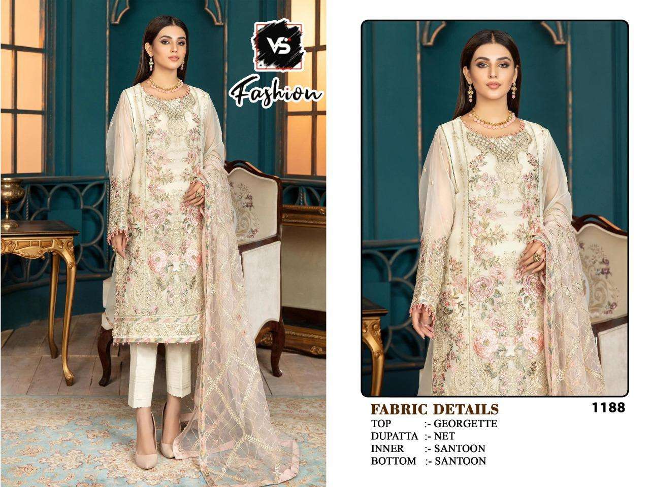 V S FASHION HIT DESIGN 1188 COLOURS BY V S FASHION 1188 TO 1188-D SERIES DESIGNER FESTIVE PAKISTANI SUITS COLLECTION BEAUTIFUL STYLISH FANCY COLORFUL PARTY WEAR & OCCASIONAL WEAR GEORGETTE EMBROIDERED DRESSES AT WHOLESALE PRICE