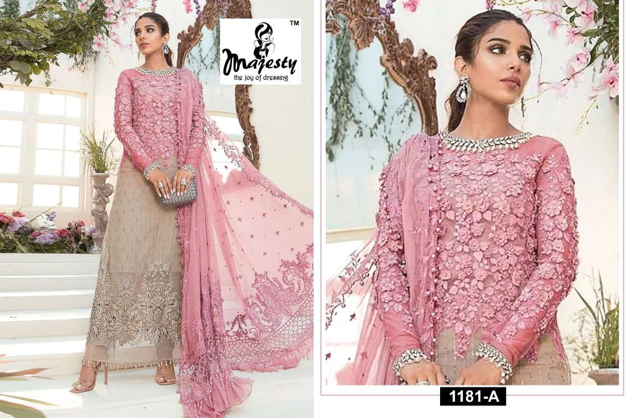 MAJESTY 1181 COLOURS BY MAJESTY 1181-A TO 1181-D SERIES BEAUTIFUL STYLISH PAKISTANI SUITS FANCY COLORFUL CASUAL WEAR & ETHNIC WEAR & READY TO WEAR GEORGETTE EMBROIDERED DRESSES AT WHOLESALE PRICE