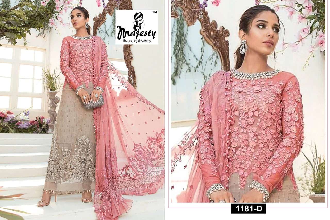 MAJESTY 1181 COLOURS BY MAJESTY 1181-A TO 1181-D SERIES BEAUTIFUL STYLISH PAKISTANI SUITS FANCY COLORFUL CASUAL WEAR & ETHNIC WEAR & READY TO WEAR GEORGETTE EMBROIDERED DRESSES AT WHOLESALE PRICE