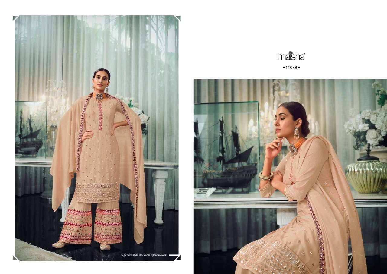 SHAZIA 11035 SERIES BY MAISHA 11035 TO 11038 SERIES BEAUTIFUL SHARARA SUITS STYLISH FANCY COLORFUL PARTY WEAR & OCCASIONAL WEAR PURE CHINNON EMBROIDERY DRESSES AT WHOLESALE PRICE