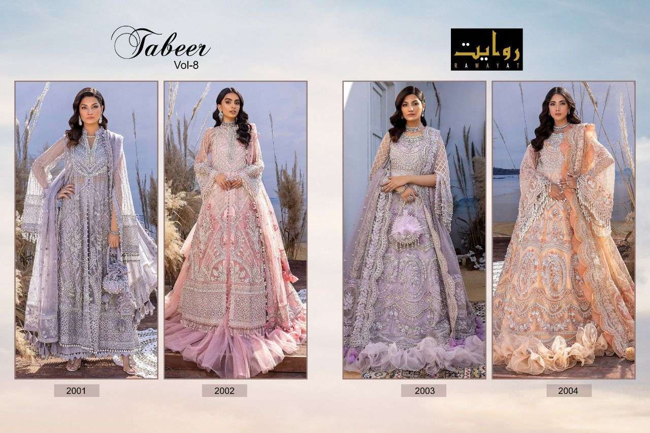 TABEER SPECIAL VOL-8 BY RAWAYAT 2001 TO 2004 SERIES PAKISTANI STYLISH BEAUTIFUL COLOURFUL PRINTED & EMBROIDERED PARTY WEAR & OCCASIONAL WEAR HEAVY NET EMBROIDERED DRESSES AT WHOLESALE PRICE