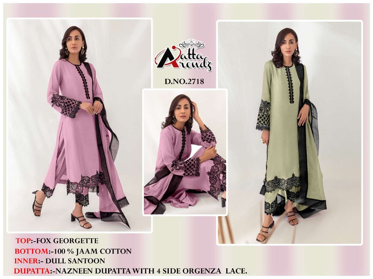 ATTA TRENDZ 2718 COLOURS BY ATTA TRENDZ 2718-A TO 2718-B SERIES DESIGNER FESTIVE PAKISTANI SUITS COLLECTION BEAUTIFUL STYLISH FANCY COLORFUL PARTY WEAR & OCCASIONAL WEAR PURE GEORGETTE EMBROIDERED DRESSES AT WHOLESALE PRICE