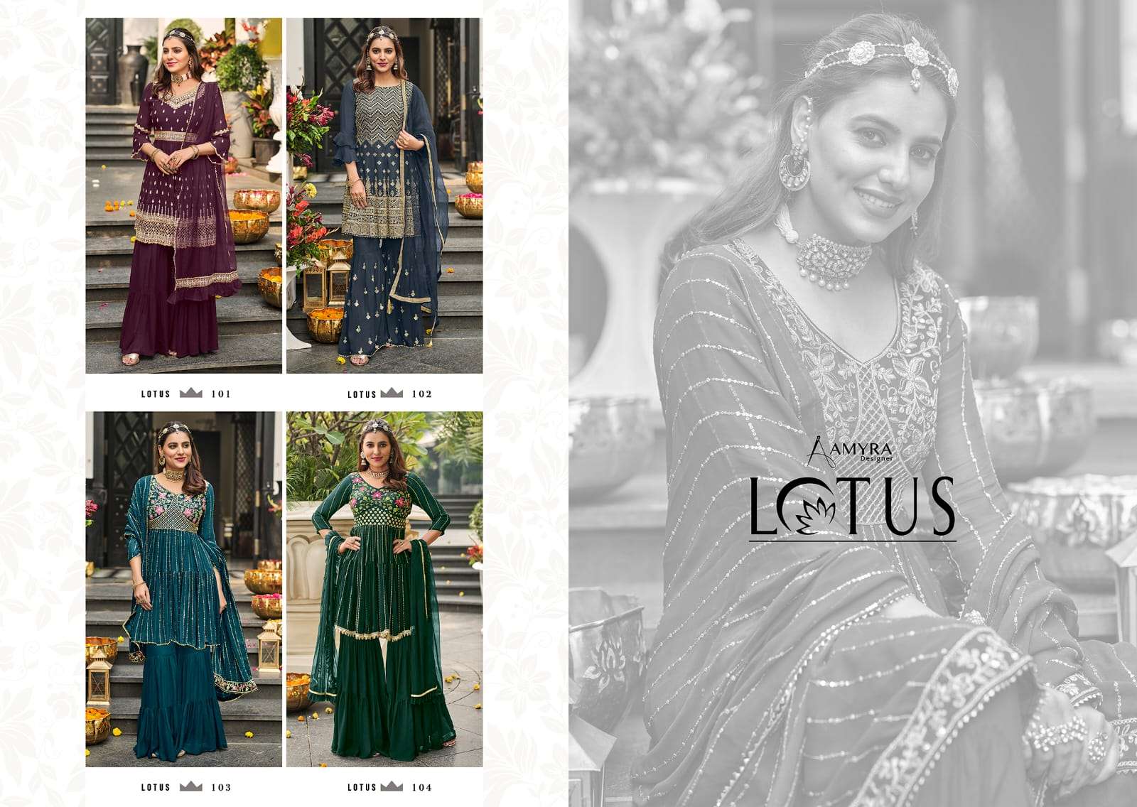 Lotus By Amyra Designer 101 To 104 Series Sharara Stylish Beautiful Colourful Printed & Embroidered Party Wear & Occasional Wear Heavy Georgette Embroidered Dresses At Wholesale Price