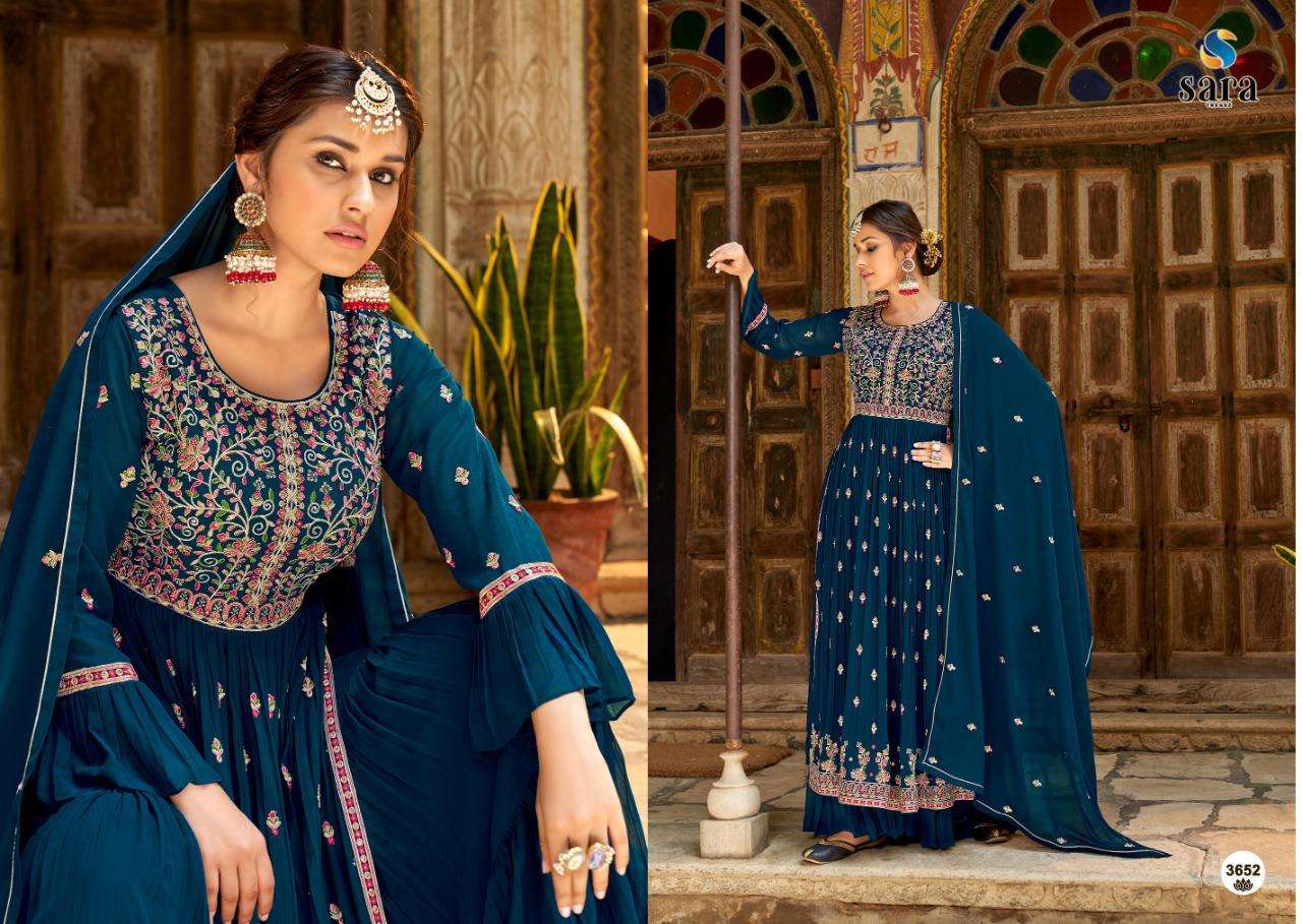 PANKH BY SARA TRENDZ 3651 TO 3654 SERIES BEAUTIFUL SHARARA SUITS COLORFUL STYLISH FANCY CASUAL WEAR & ETHNIC WEAR GEORGETTE EMBROIDERED DRESSES AT WHOLESALE PRICE
