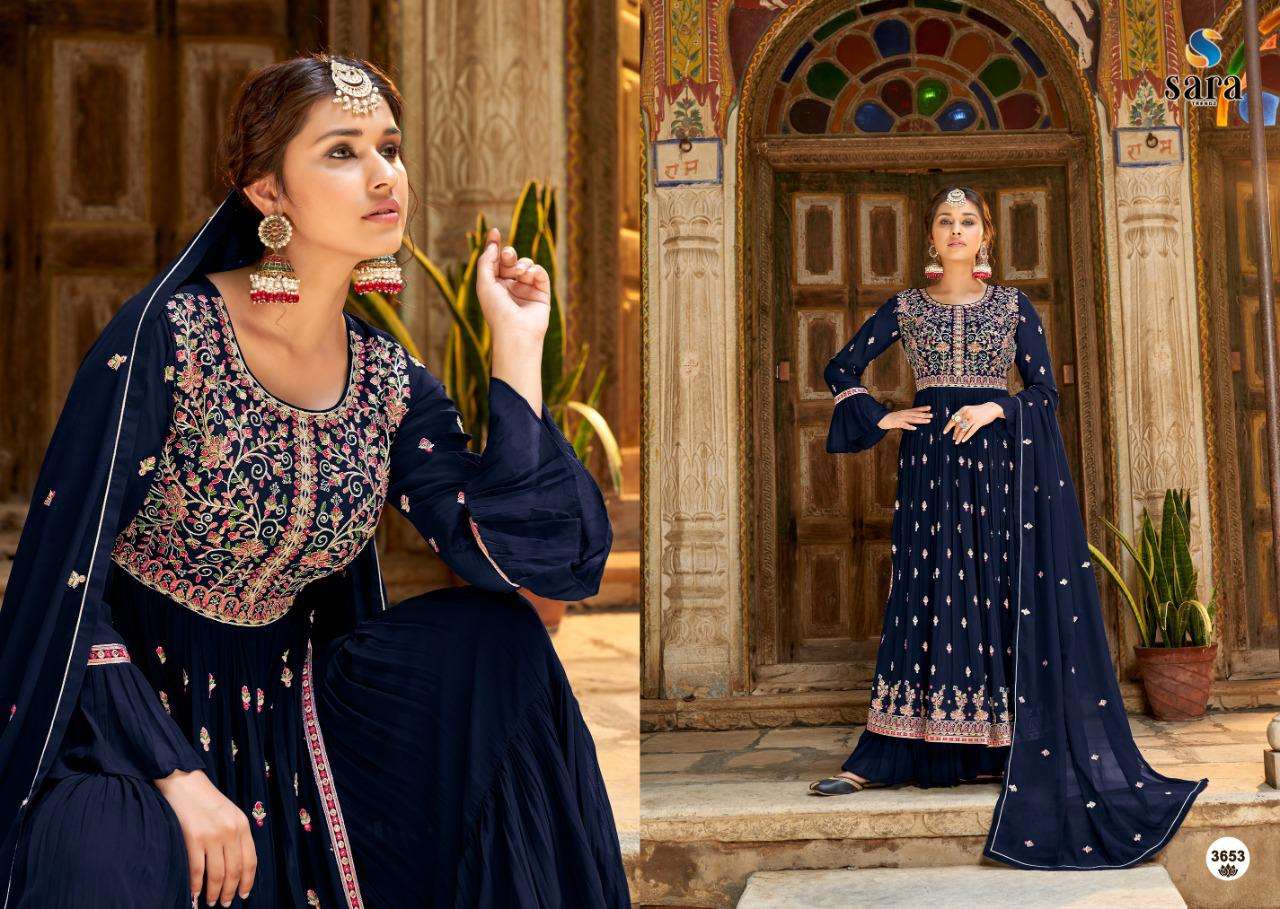 PANKH BY SARA TRENDZ 3651 TO 3654 SERIES BEAUTIFUL SHARARA SUITS COLORFUL STYLISH FANCY CASUAL WEAR & ETHNIC WEAR GEORGETTE EMBROIDERED DRESSES AT WHOLESALE PRICE