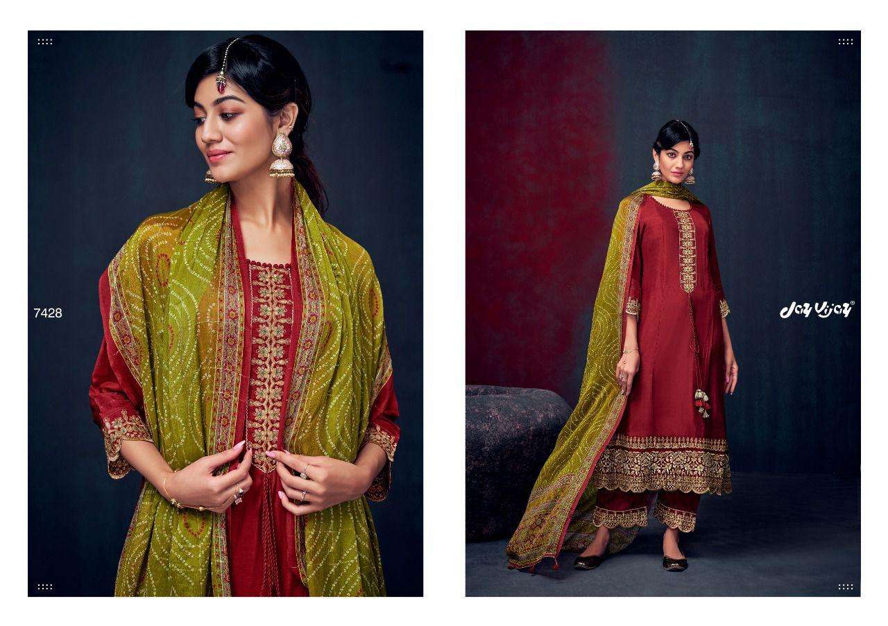 ROZINA BY JAY VIJAY PRINTS 7421 TO 7430 SERIES BEAUTIFUL SUITS COLORFUL STYLISH FANCY CASUAL WEAR & ETHNIC WEAR PURE SILK DRESSES AT WHOLESALE PRICE