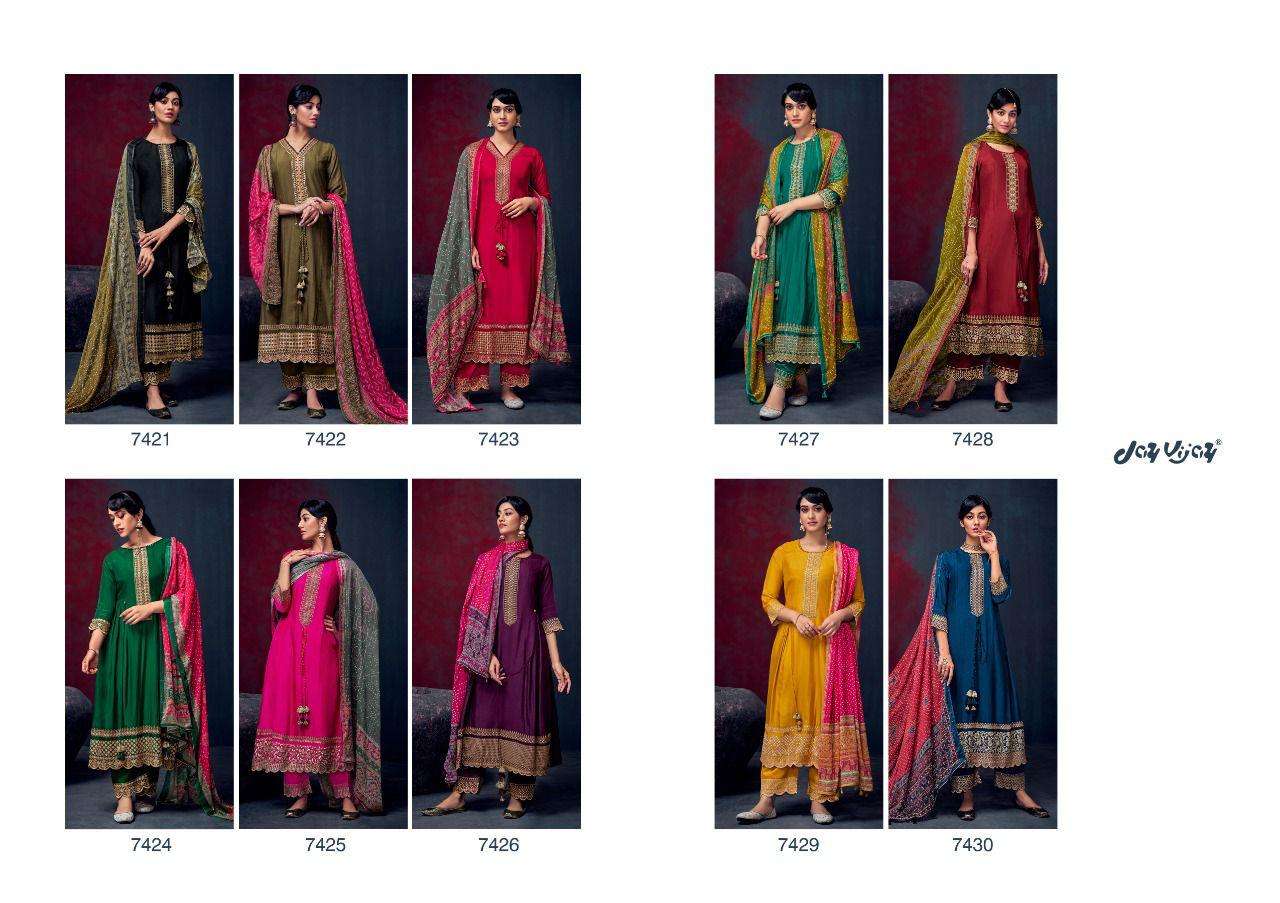 ROZINA BY JAY VIJAY PRINTS 7421 TO 7430 SERIES BEAUTIFUL SUITS COLORFUL STYLISH FANCY CASUAL WEAR & ETHNIC WEAR PURE SILK DRESSES AT WHOLESALE PRICE