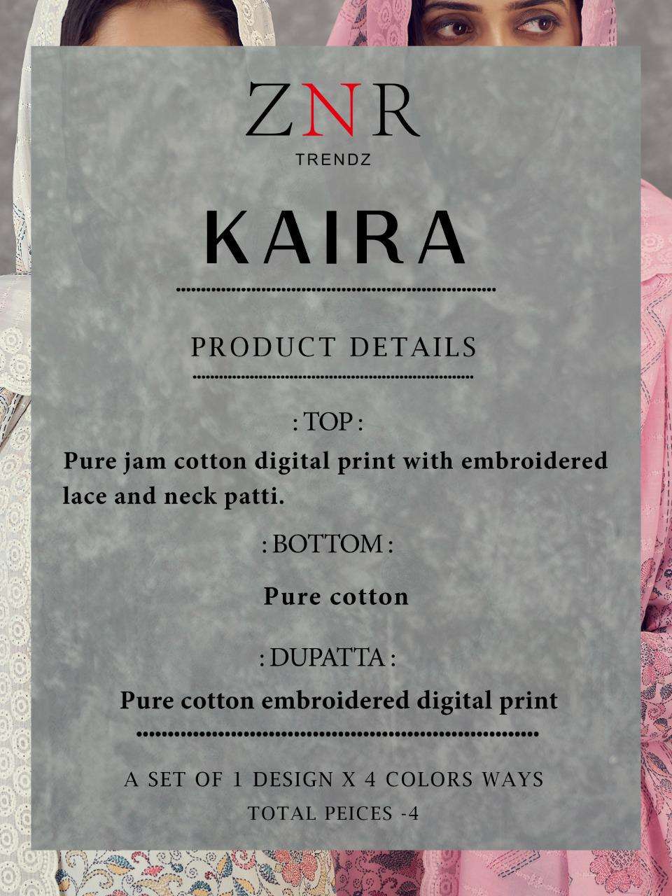 KAIRA BY ZNR TRENDZ A TO D SERIES DESIGNER SUITS BEAUTIFUL STYLISH FANCY COLORFUL PARTY WEAR & OCCASIONAL WEAR PUA JAM COTTON EMBROIDERED DRESSES AT WHOLESALE PRICE