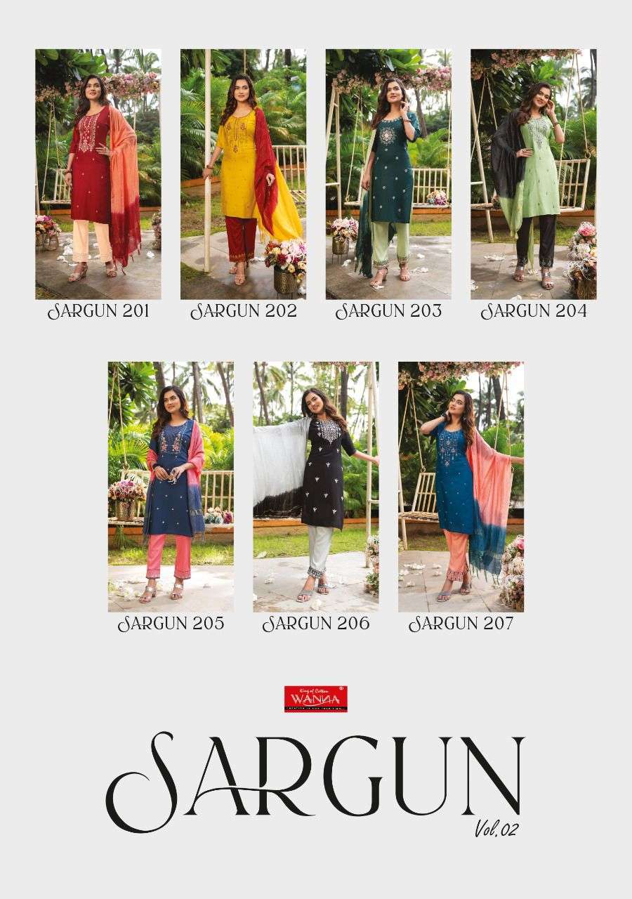 SARGUN VOL-2 BY WANNA 201 TO 207 SERIES BEAUTIFUL SUITS STYLISH FANCY COLORFUL PARTY WEAR & ETHNIC WEAR RAYON SLUB DRESSES AT WHOLESALE PRICE