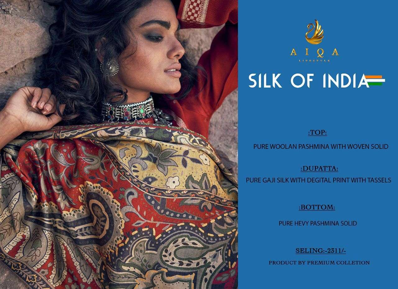 SILK OF INDIA BY AIQA 248 TO 255 SERIES PAKISTANI SUITS BEAUTIFUL FANCY COLORFUL STYLISH PARTY WEAR & OCCASIONAL WEAR PURE PASHMINA DRESSES AT WHOLESALE PRICE