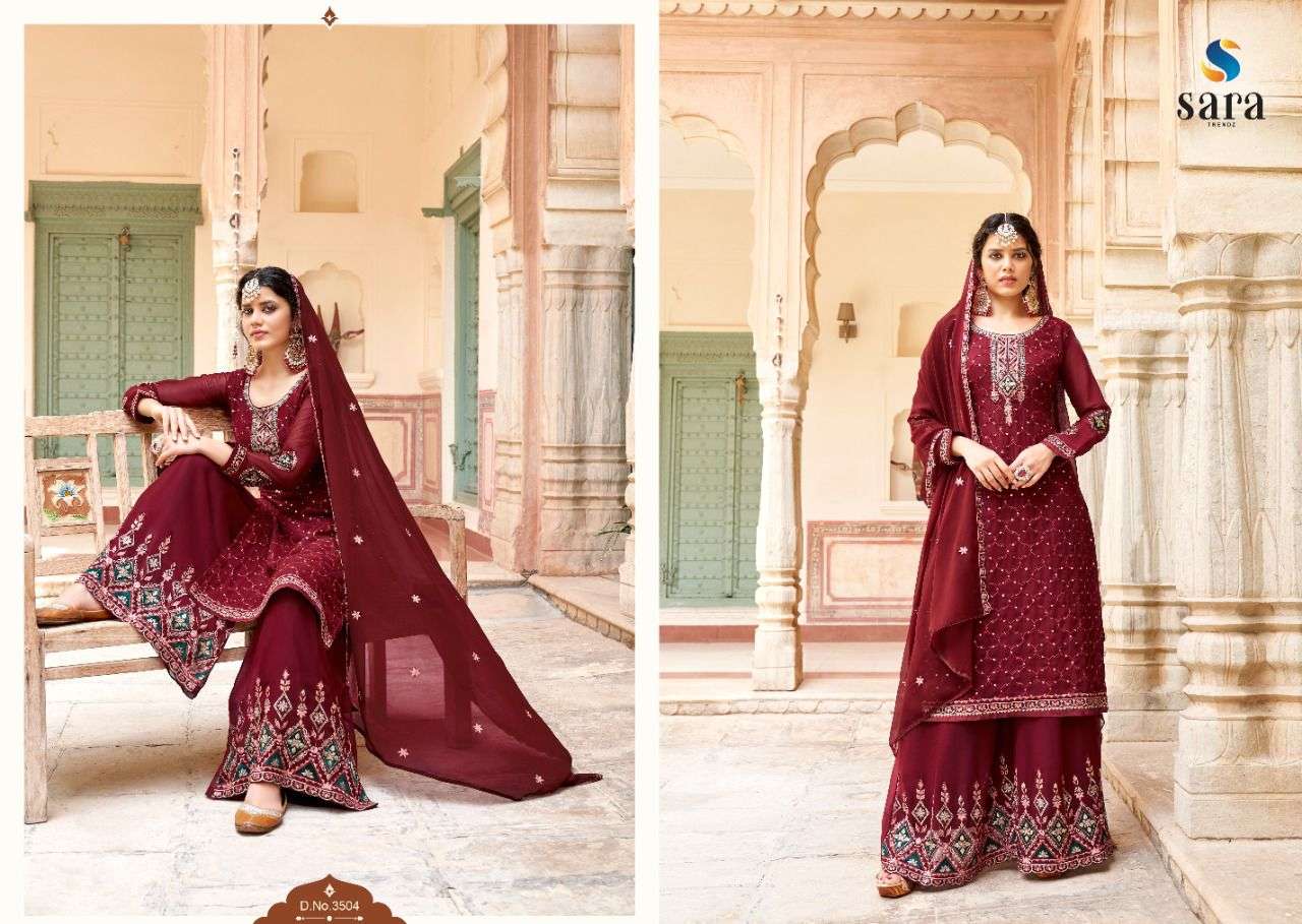 BAANI BY SARA TRENDZ 3501 TO 3504 SERIES BEAUTIFUL SHARARA SUITS COLORFUL STYLISH FANCY CASUAL WEAR & ETHNIC WEAR GEORGETTE EMBROIDERED DRESSES AT WHOLESALE PRICE