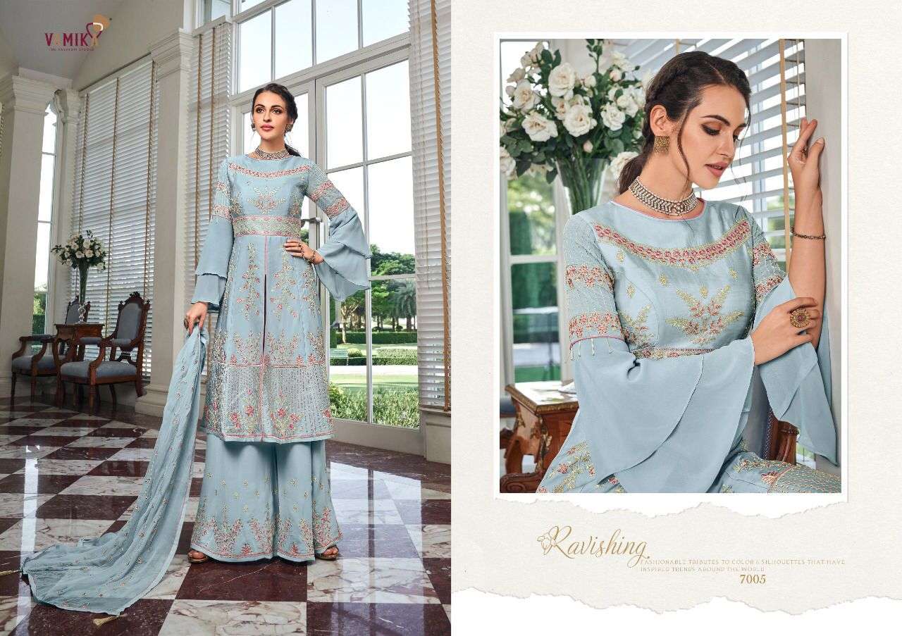Riyaaz By Vamika 7001 To 7005 Series Beautiful Sharara Suits Colorful Stylish Fancy Casual Wear & Ethnic Wear Faux Georgette Embroidered Dresses At Wholesale Price