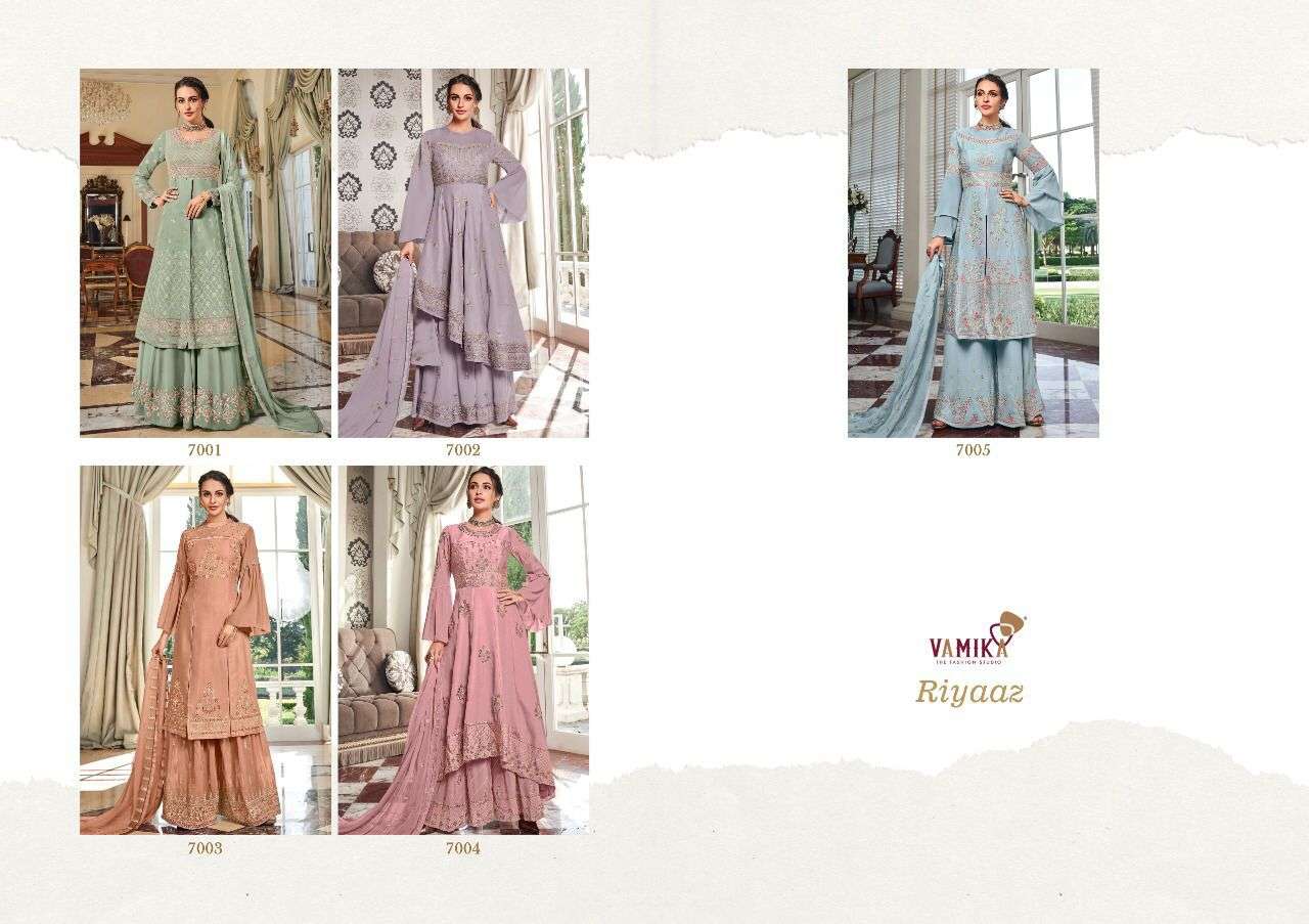 Riyaaz By Vamika 7001 To 7005 Series Beautiful Sharara Suits Colorful Stylish Fancy Casual Wear & Ethnic Wear Faux Georgette Embroidered Dresses At Wholesale Price