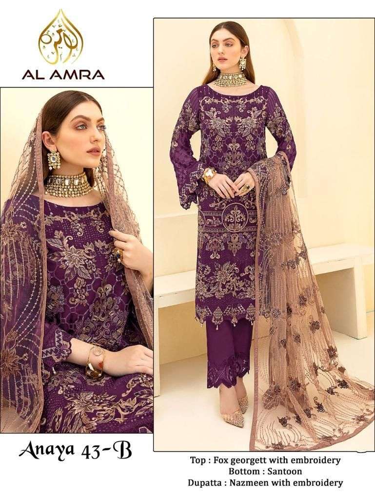 ANAYA 43 COLOURS BY AL AMRA 43-B TO 43-C SERIES PAKISTANI SUITS BEAUTIFUL FANCY COLORFUL STYLISH PARTY WEAR & OCCASIONAL WEAR FAUX GEORGETTE WITH EMBROIDERY DRESSES AT WHOLESALE PRICE