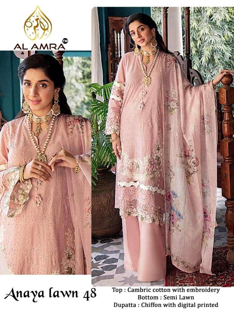 ANAYA LAWN 48 BY AL AMRA BEAUTIFUL STYLISH PAKISATNI SUITS FANCY COLORFUL CASUAL WEAR & ETHNIC WEAR & READY TO WEAR CAMBRIC COTTON WITH EMBROIDERY DRESSES AT WHOLESALE PRICE
