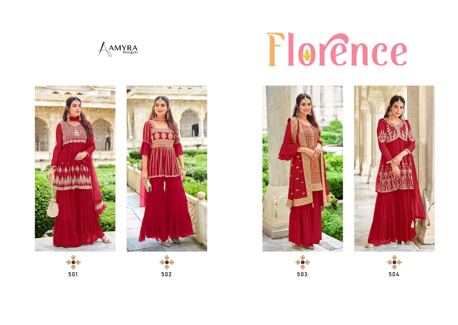 Florence By Amyra Designer 501 To 504 Series Beautiful Sharara Suits Stylish Fancy Colorful Casual Wear & Ethnic Wear Georgette Embroidery Dresses At Wholesale Price