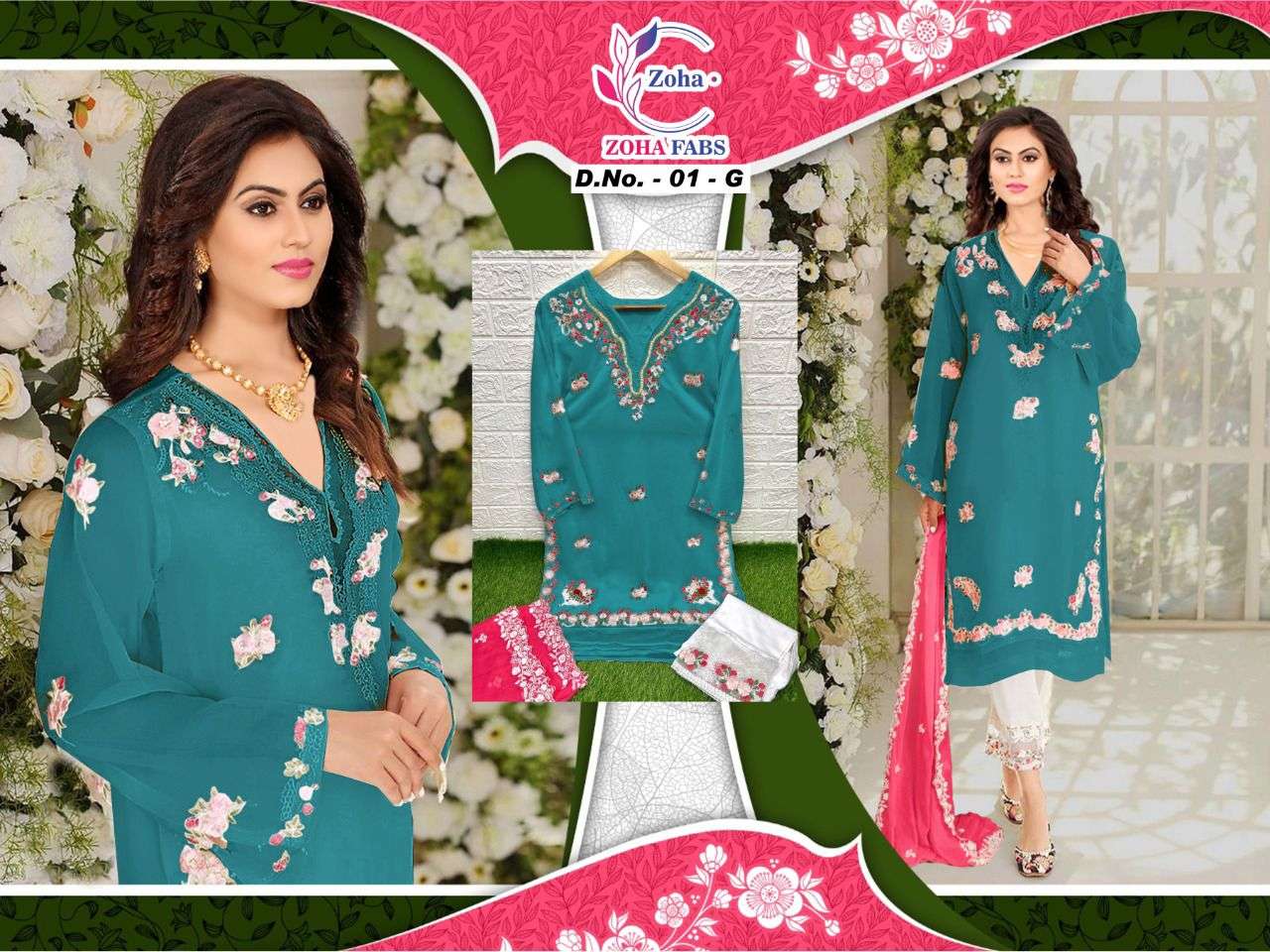 ZOHA 01 COLOURS BY ZOHA FABS 01-A TO 01-H SERIES BEAUTIFUL PAKISTANI SUITS STYLISH FANCY COLORFUL CASUAL WEAR & ETHNIC WEAR HEAVY GEORGETTE EMBROIDERY DRESSES AT WHOLESALE PRICE