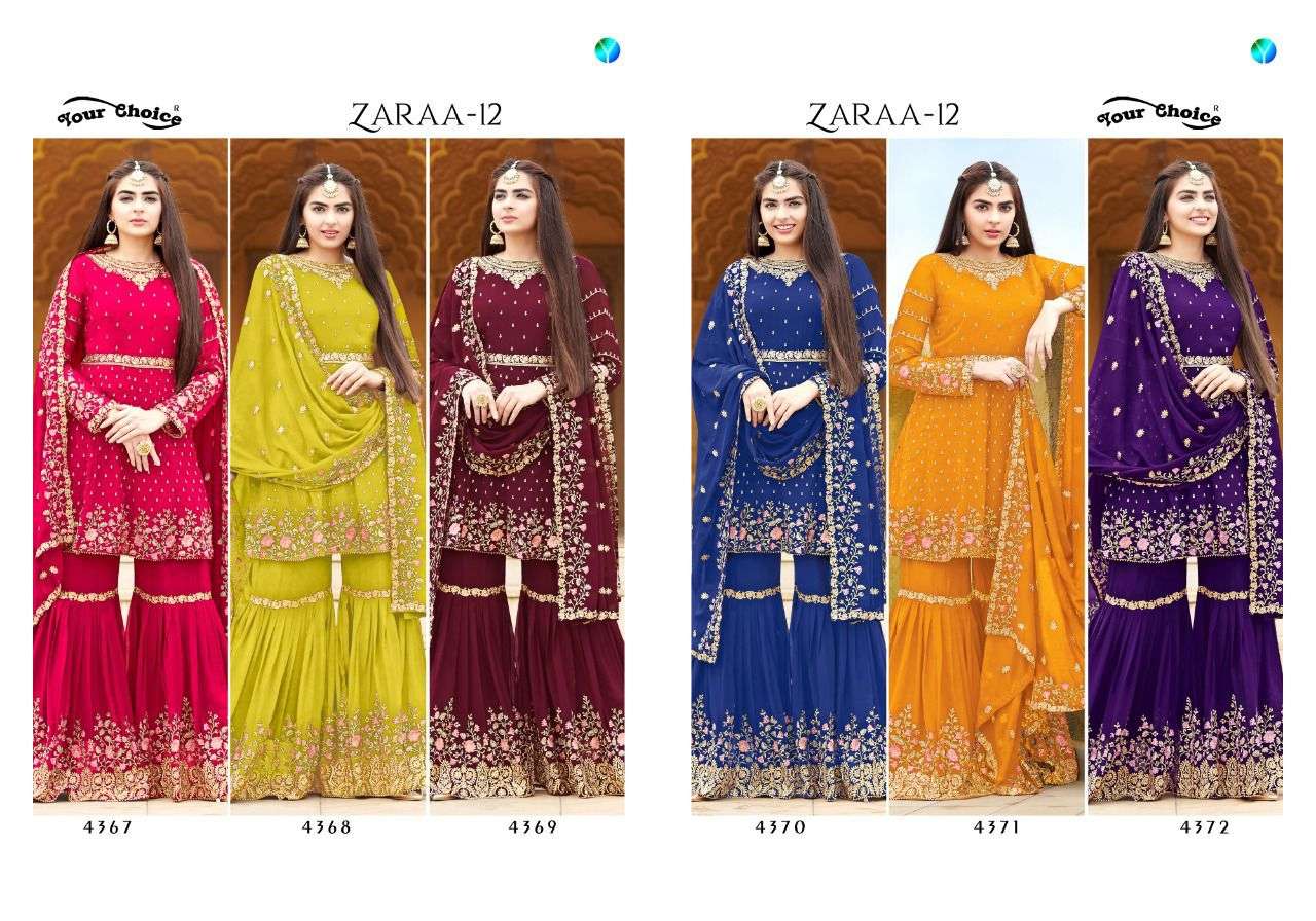 Zaraa Vol-12 By Your Choice 4367 To 4372 Series Beautiful Sharara Suits Stylish Fancy Colorful Casual Wear & Ethnic Wear Georgette Embroidery Dresses At Wholesale Price