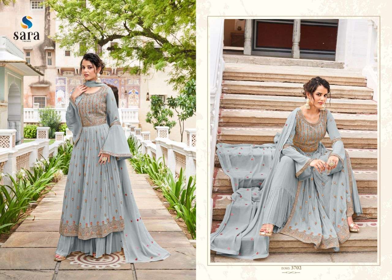 MAAHI BY SARA TRENDZ 3701 TO 3704 SERIES BEAUTIFUL SHARARA SUITS STYLISH FANCY COLORFUL CASUAL WEAR & ETHNIC WEAR GEORGETTE EMBROIDERY DRESSES AT WHOLESALE PRICE