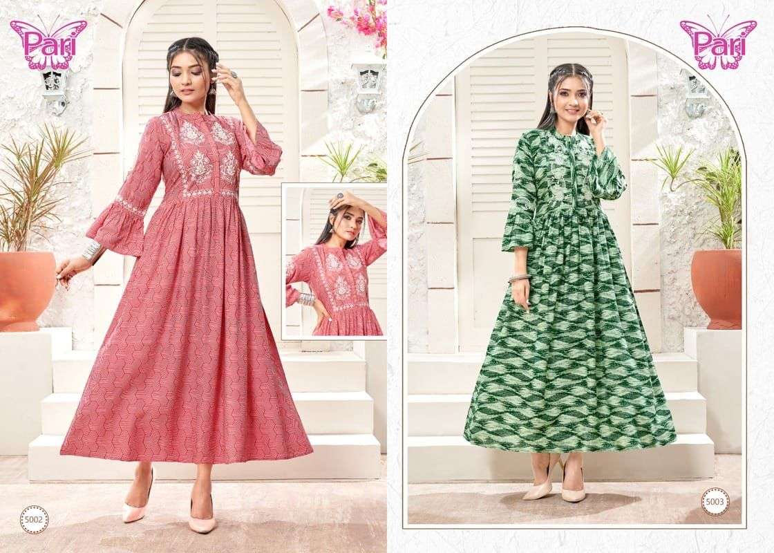 DUSTER BY PARI 5001 TO 5008 SERIES DESIGNER STYLISH FANCY COLORFUL BEAUTIFUL PARTY WEAR & ETHNIC WEAR COLLECTION RAYON PRINT GOWN AT WHOLESALE PRICE