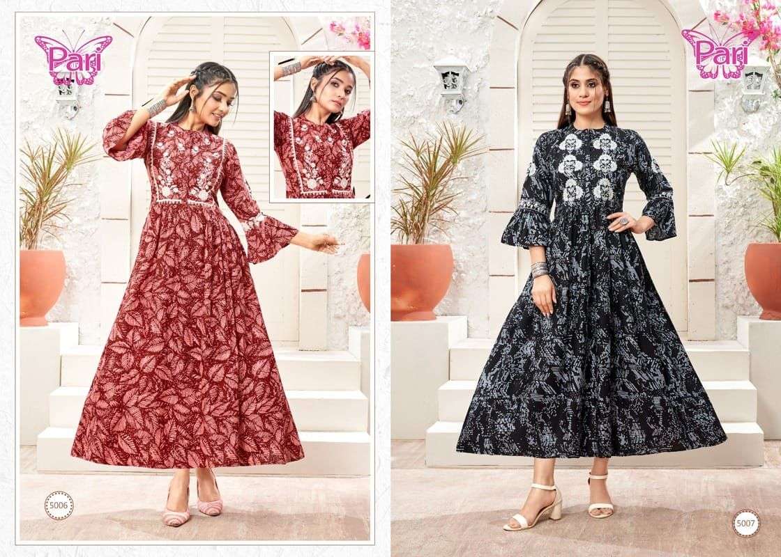 DUSTER BY PARI 5001 TO 5008 SERIES DESIGNER STYLISH FANCY COLORFUL BEAUTIFUL PARTY WEAR & ETHNIC WEAR COLLECTION RAYON PRINT GOWN AT WHOLESALE PRICE