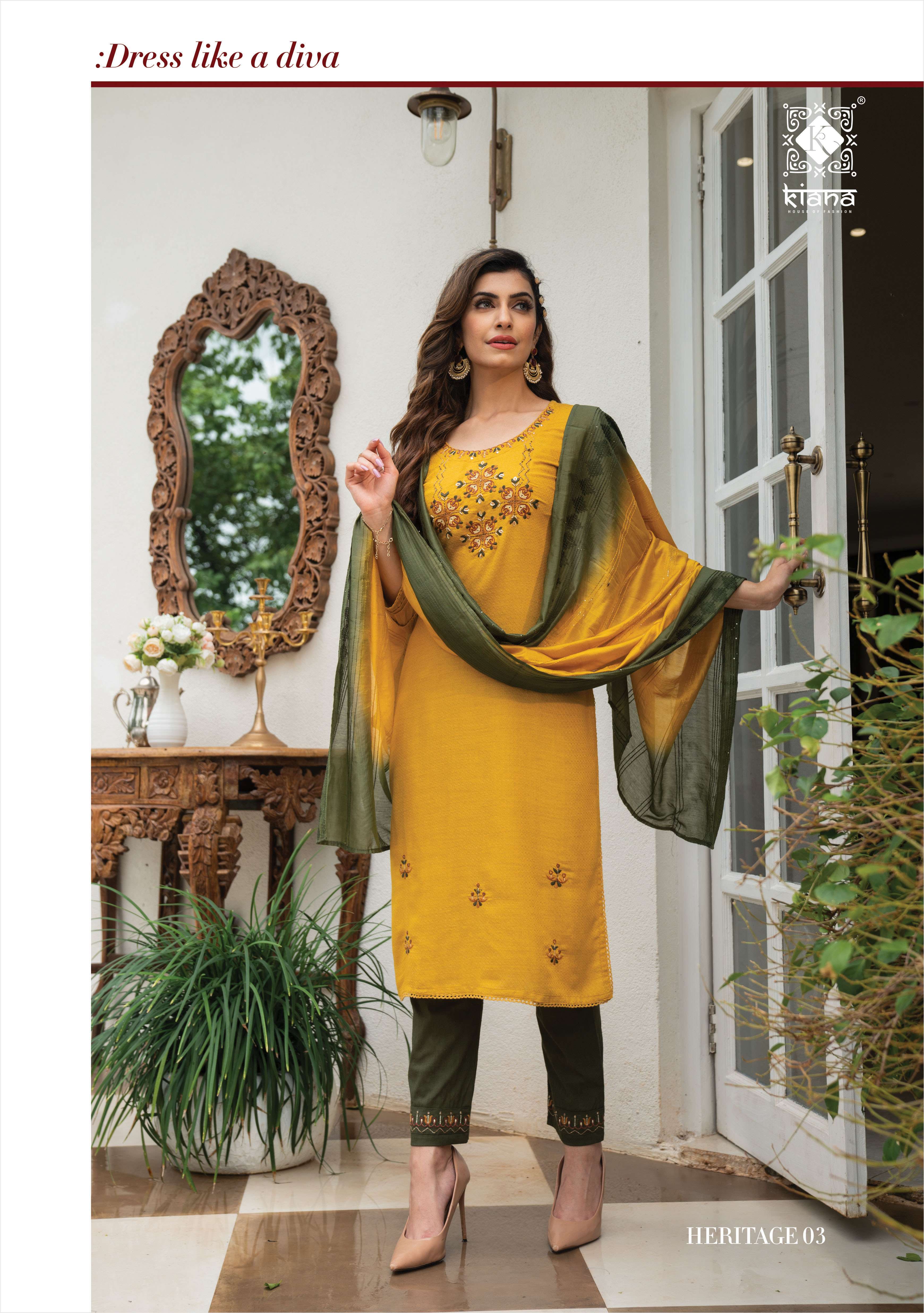 HERITAGE BY KIANA 01 TO 06 SUITS BEAUTIFUL FANCY COLORFUL STYLISH PARTY WEAR & OCCASIONAL WEAR HEAVY VISCOSE DRESSES AT WHOLESALE PRICE