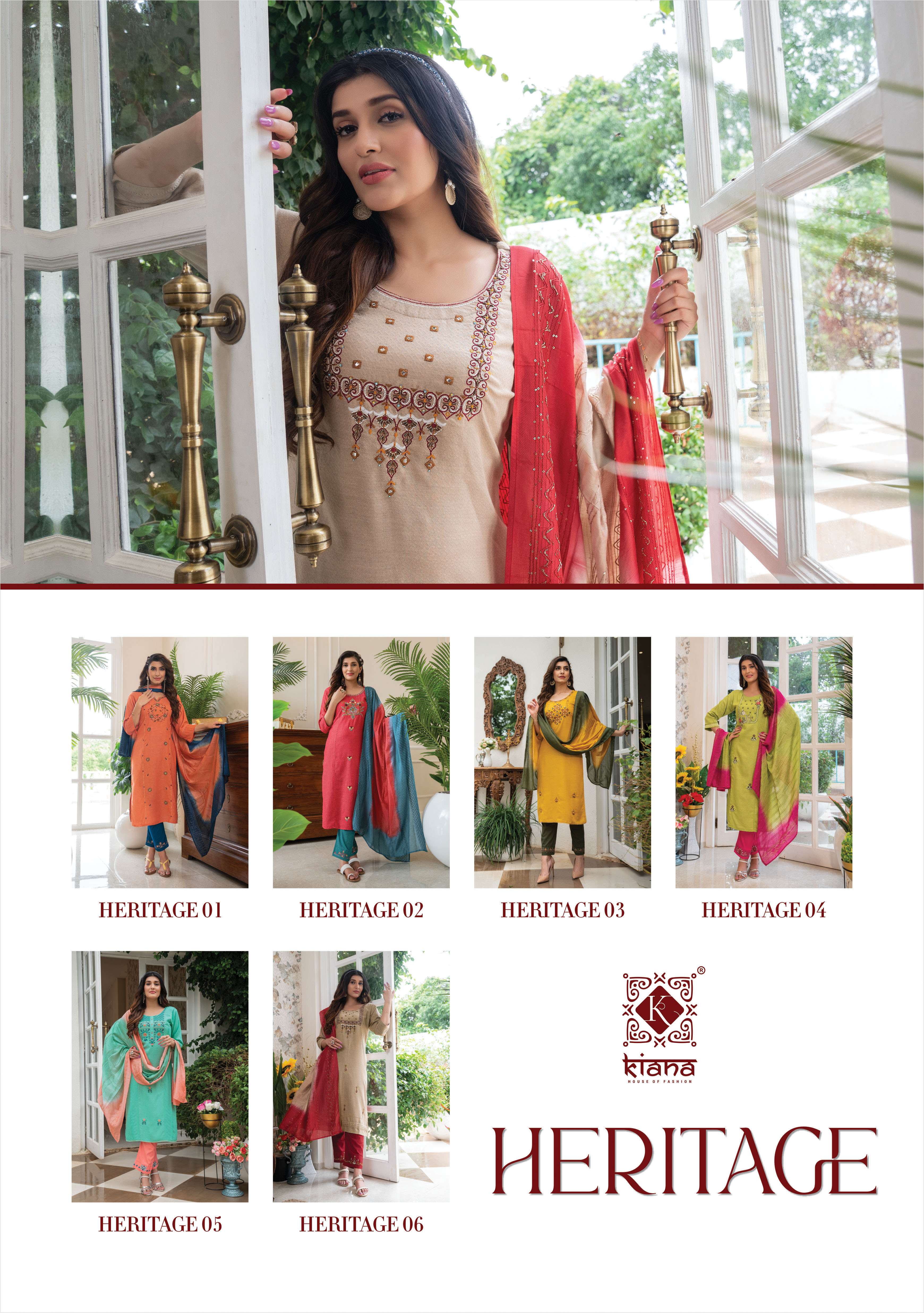 HERITAGE BY KIANA 01 TO 06 SUITS BEAUTIFUL FANCY COLORFUL STYLISH PARTY WEAR & OCCASIONAL WEAR HEAVY VISCOSE DRESSES AT WHOLESALE PRICE