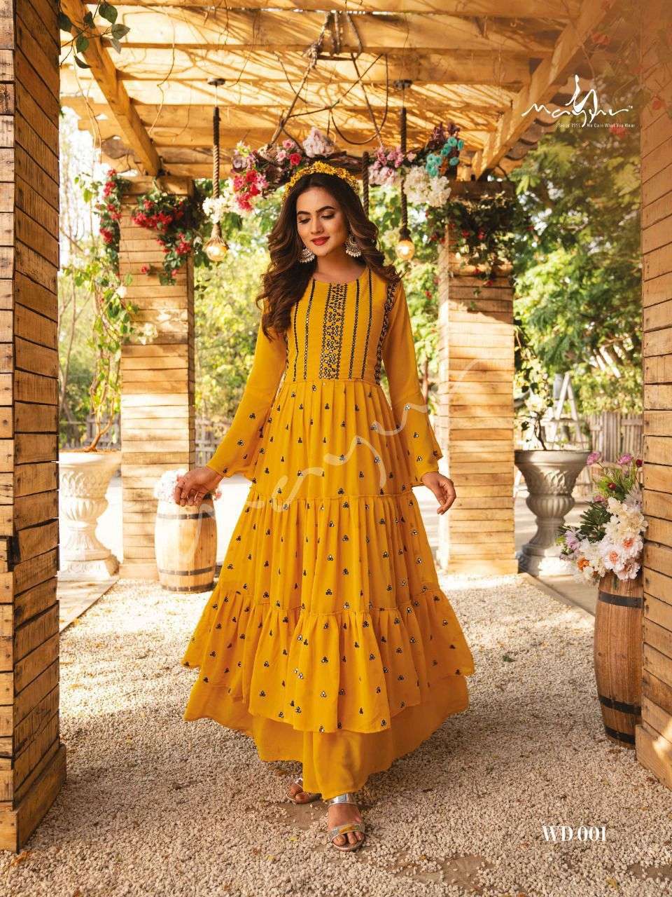 WEDDING DHAMAL BY MAYUR 001 TO 004 SERIES BEAUTIFUL STYLISH FANCY COLORFUL CASUAL WEAR & ETHNIC WEAR GEORGETTE TOPS WITH BOTTOM AT WHOLESALE PRICE