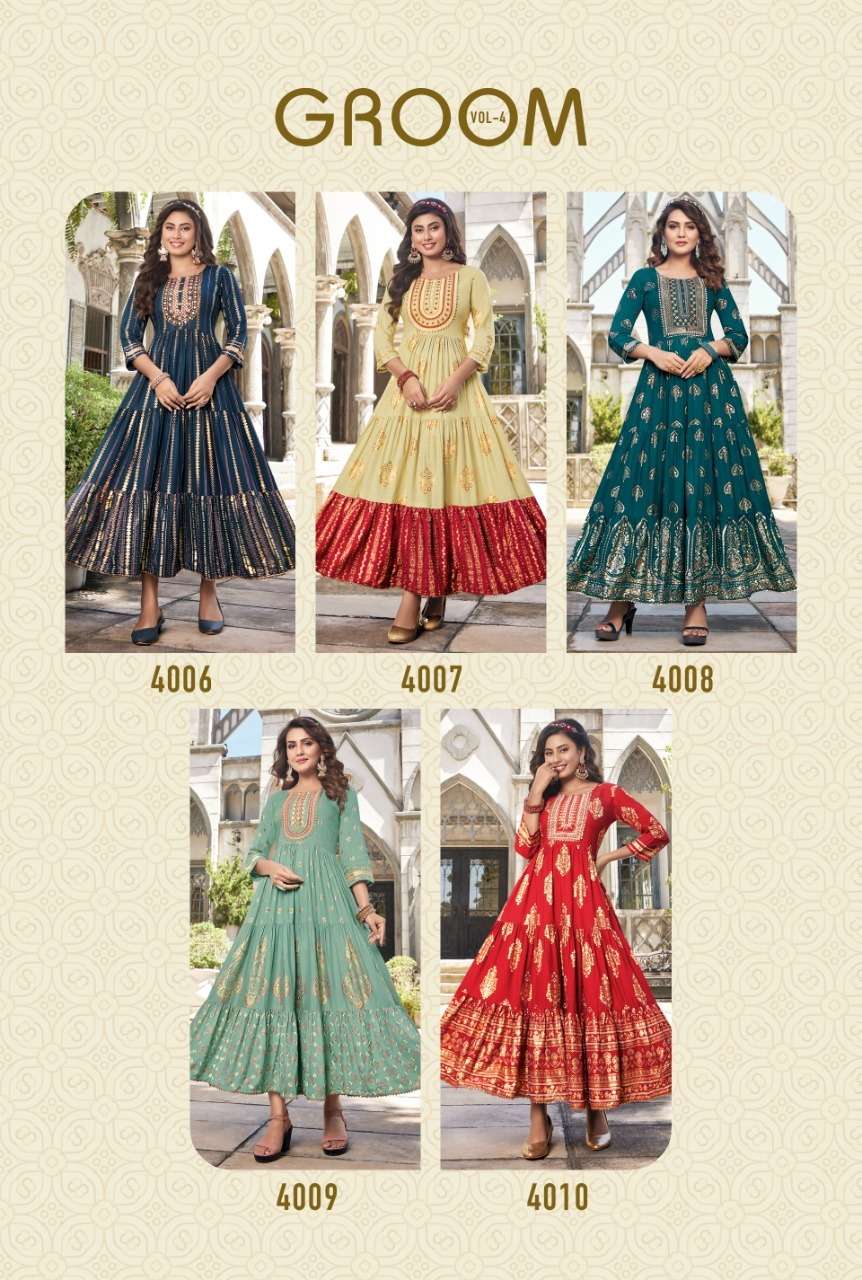 GROOM VOL-4 BY DIYA TRENDS 4001 TO 4010 SERIES DESIGNER STYLISH FANCY COLORFUL BEAUTIFUL PARTY WEAR & ETHNIC WEAR COLLECTION RAYON PRINT GOWNS AT WHOLESALE PRICE
