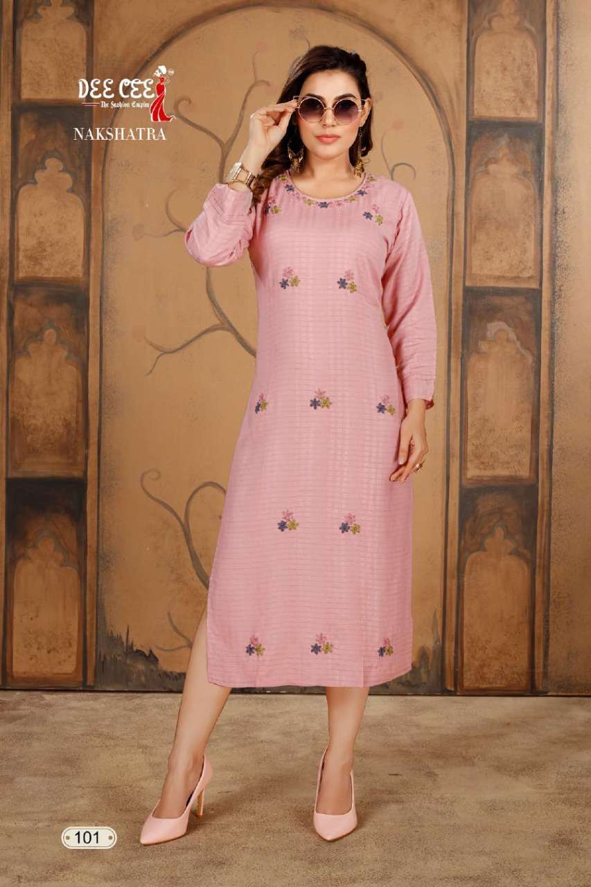 NAKSHATRA BY DEE CEE 101 TO 106 SERIES DESIGNER STYLISH FANCY COLORFUL BEAUTIFUL PARTY WEAR & ETHNIC WEAR COLLECTION RAYON WITH WORK KURTIS AT WHOLESALE PRICE