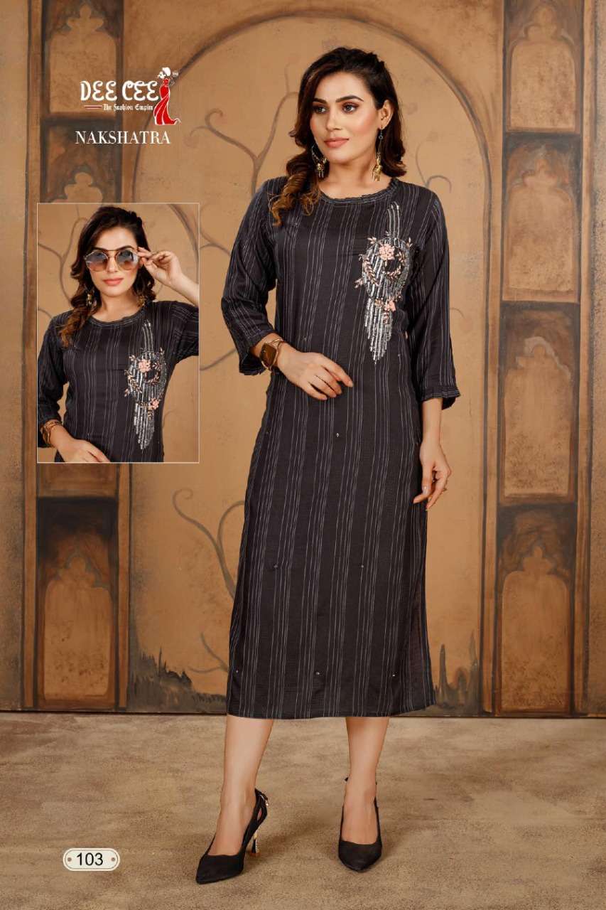 NAKSHATRA BY DEE CEE 101 TO 106 SERIES DESIGNER STYLISH FANCY COLORFUL BEAUTIFUL PARTY WEAR & ETHNIC WEAR COLLECTION RAYON WITH WORK KURTIS AT WHOLESALE PRICE