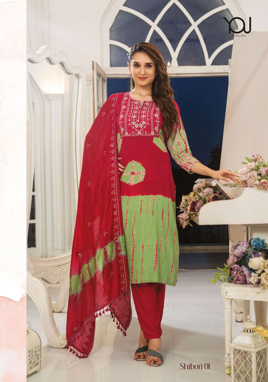 Shibori By You 101 To 105 Series Designer Stylish Fancy Colorful Beautiful Party Wear & Ethnic Wear Collection Rayon Shibori Kurtis With Dupatta At Wholesale Price