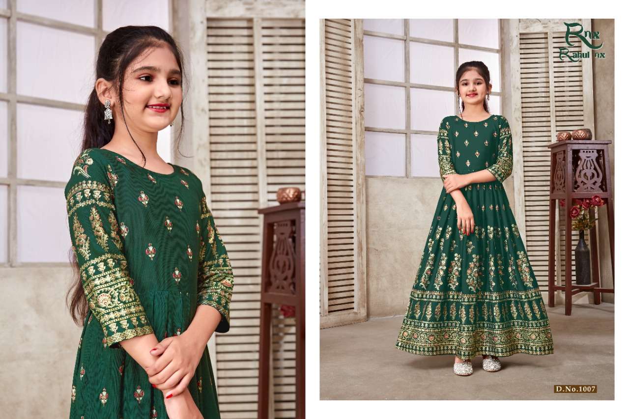 KIDSWEAR VOL-3 BY RAHUL NX 1001 TO 1008 SERIES DESIGNER STYLISH FANCY COLORFUL BEAUTIFUL PARTY WEAR & ETHNIC WEAR COLLECTION RAYON PRINT GOWNS AT WHOLESALE PRICE