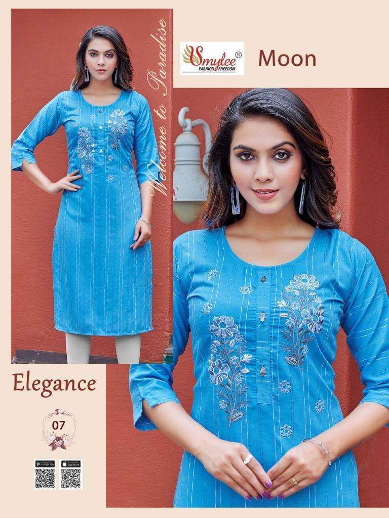 MOON BY SMYLEE 01 TO 08 SERIES DESIGNER STYLISH FANCY COLORFUL BEAUTIFUL PARTY WEAR & ETHNIC WEAR COLLECTION RAYON KURTIS AT WHOLESALE PRICE