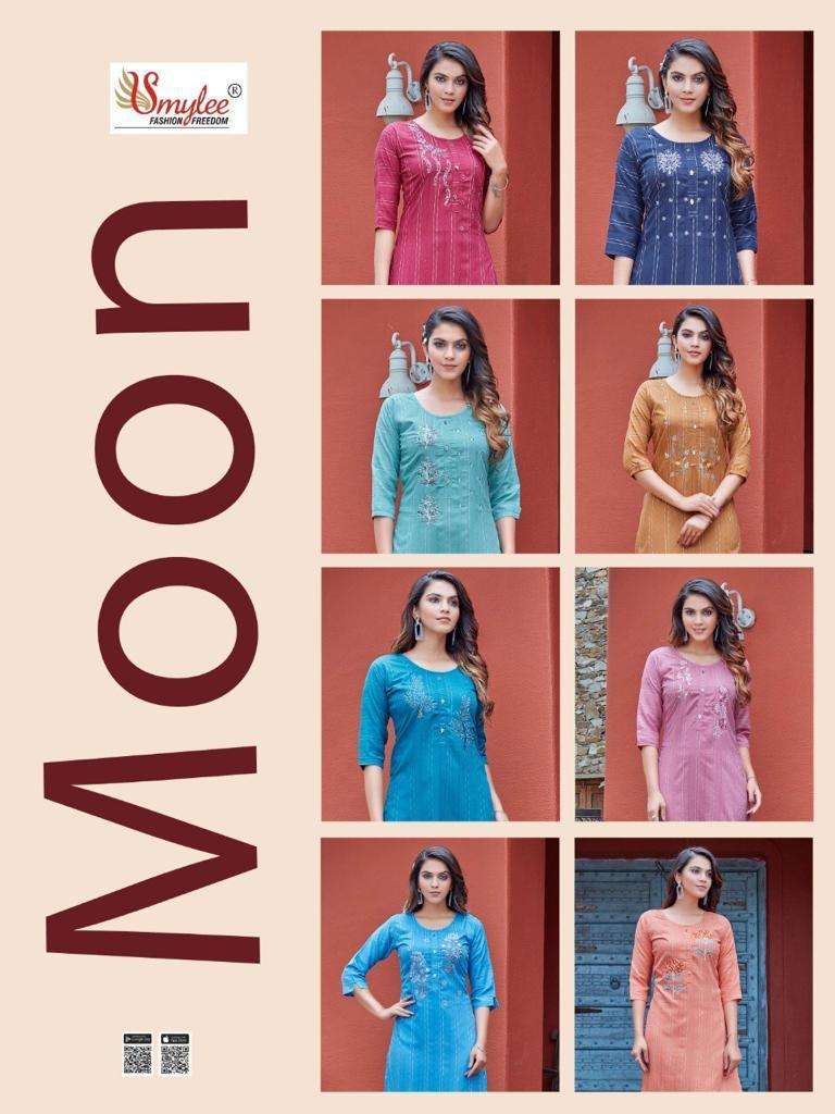 MOON BY SMYLEE 01 TO 08 SERIES DESIGNER STYLISH FANCY COLORFUL BEAUTIFUL PARTY WEAR & ETHNIC WEAR COLLECTION RAYON KURTIS AT WHOLESALE PRICE