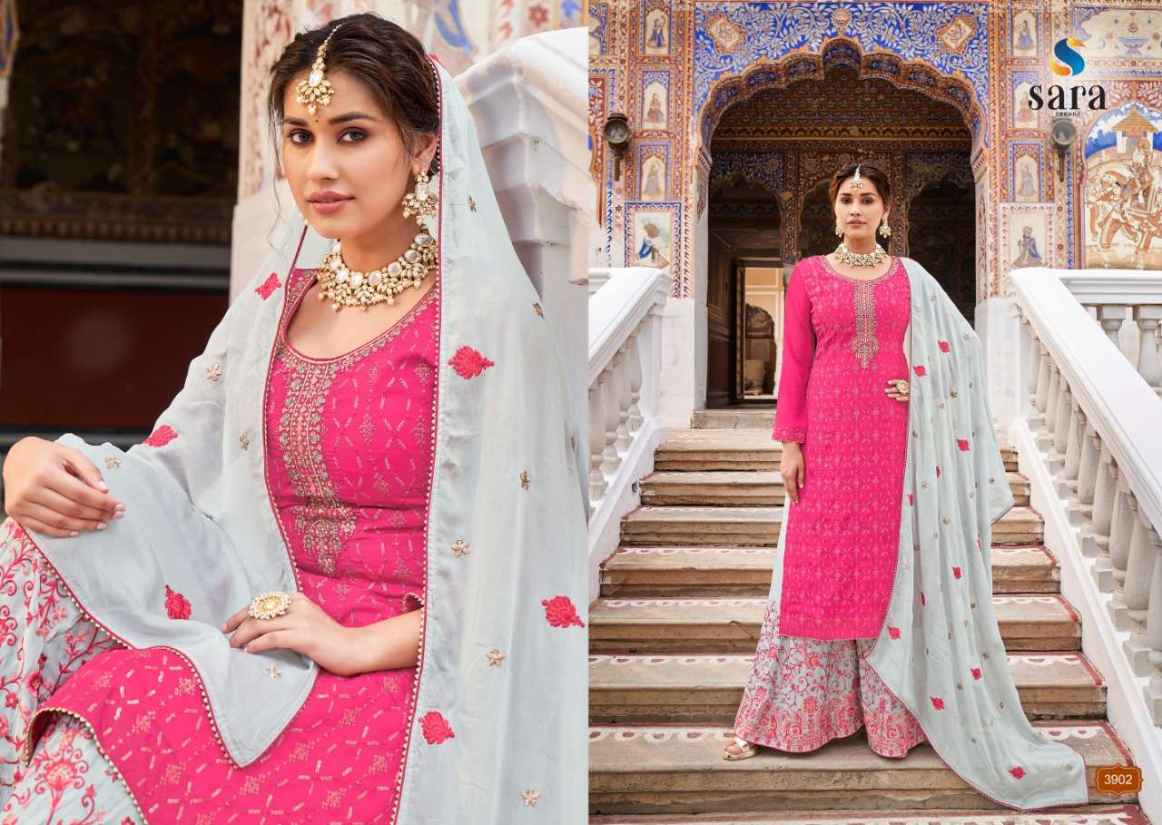 ANOKHI BY SARA TRENDZ 3901 TO 3904 SERIES BEAUTIFUL SHARARA SUITS COLORFUL STYLISH FANCY CASUAL WEAR & ETHNIC WEAR CHINNON EMBROIDERED DRESSES AT WHOLESALE PRICE