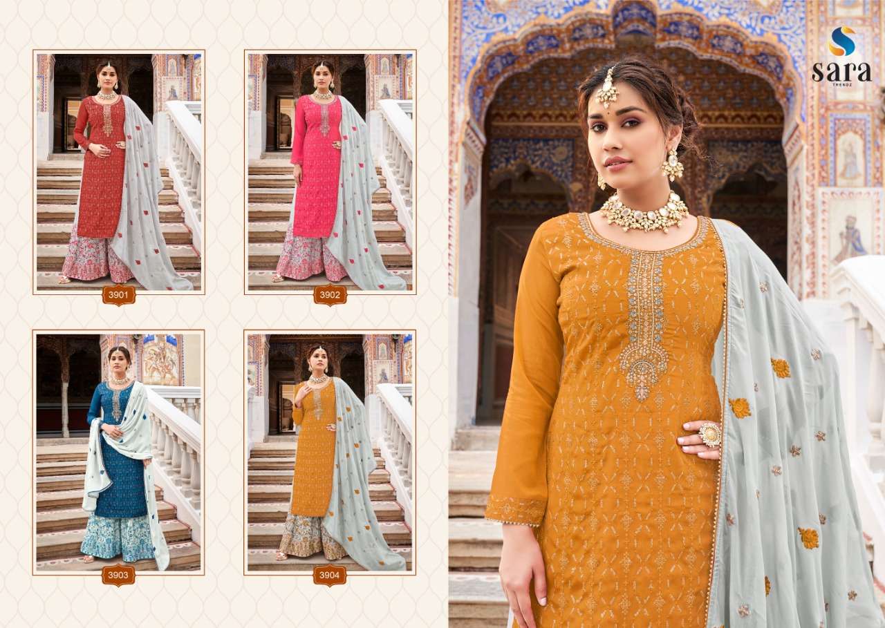 ANOKHI BY SARA TRENDZ 3901 TO 3904 SERIES BEAUTIFUL SHARARA SUITS COLORFUL STYLISH FANCY CASUAL WEAR & ETHNIC WEAR CHINNON EMBROIDERED DRESSES AT WHOLESALE PRICE