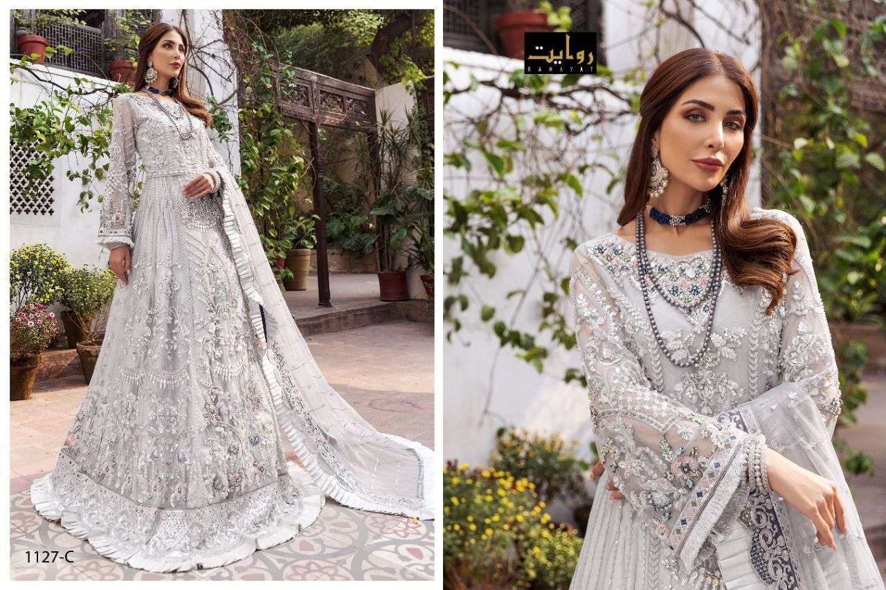 EMAAN ADEEL SPECIAL BY RAWAYAT 1127-A TO 1127-D SERIES PAKISTANI SUITS BEAUTIFUL FANCY COLORFUL STYLISH PARTY WEAR & OCCASIONAL WEAR NET EMBROIDERY DRESSES AT WHOLESALE PRICE