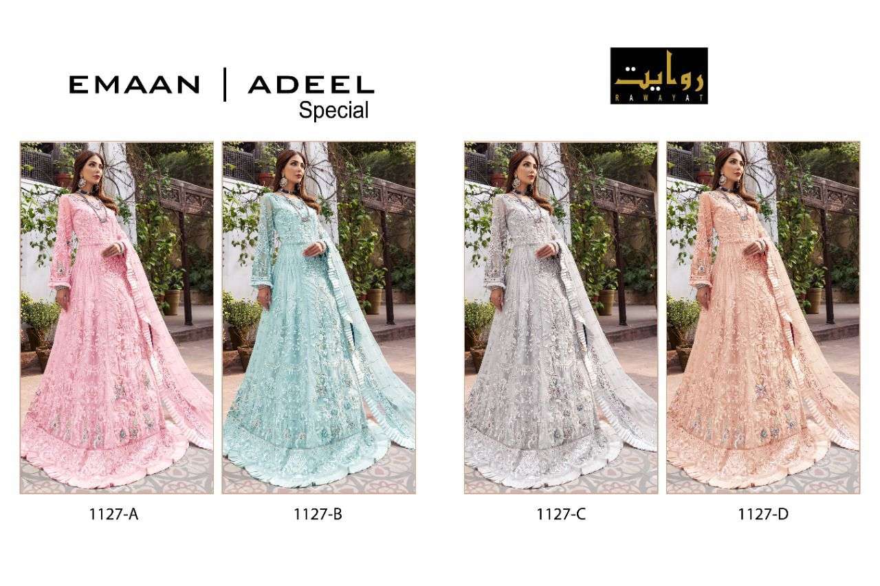 EMAAN ADEEL SPECIAL BY RAWAYAT 1127-A TO 1127-D SERIES PAKISTANI SUITS BEAUTIFUL FANCY COLORFUL STYLISH PARTY WEAR & OCCASIONAL WEAR NET EMBROIDERY DRESSES AT WHOLESALE PRICE