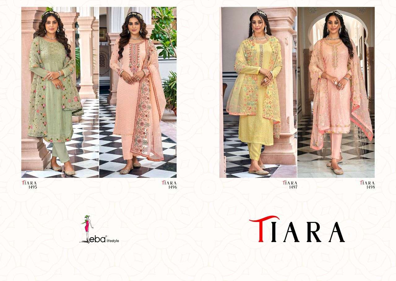 TIARA BY EBA LIFESTYLE 1495 TO 1498 SERIES BEAUTIFUL SUITS STYLISH FANCY COLORFUL PARTY WEAR & OCCASIONAL WEAR FAUX GEORGETTE/CHINNON DRESSES AT WHOLESALE PRICE