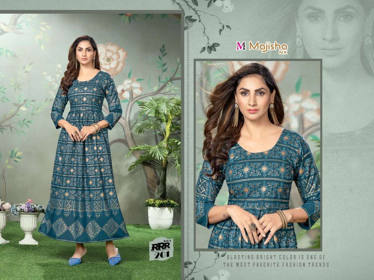 RRR VOL-2 BY MAJISHA NX 201 TO 208 SERIES BEAUTIFUL STYLISH FANCY COLORFUL CASUAL WEAR & ETHNIC WEAR RAYON FOIL GOWNS AT WHOLESALE PRICE