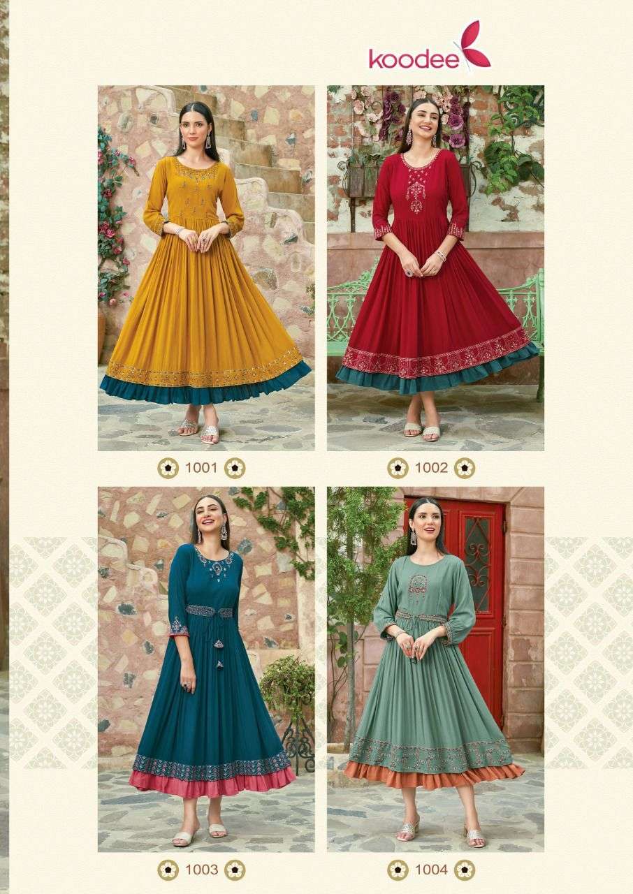 ROSHANI BY KOODEE 1001 TO 1004 SERIES DESIGNER STYLISH FANCY COLORFUL BEAUTIFUL PARTY WEAR & ETHNIC WEAR COLLECTION RAYON KURTIS AT WHOLESALE PRICE